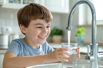 The boy draws water from the faucet in the kitchen. A smiling child watches the water flow. The concept of availability, safety of clean water. © Olena
