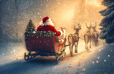 
Christmas wall art canvas print of santa claus riding in his sleigh pulled by reindeer, snowing background, realistic oil painting, christmas decoration on the back seat of carriage, christmas scene,
