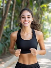 Fototapeta premium A tall Brazilian woman with light brown skin and curly black hair, wearing athletic gear. She is jogging along a riverside path, her face lit up with determination and energy, Photorealistic