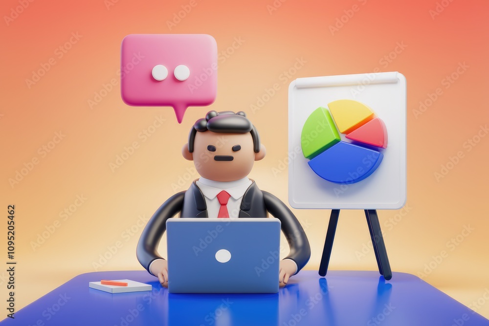 Poster a 3d rendered businessman works on his laptop reviewing a pie chart presentation and a chat bubble.