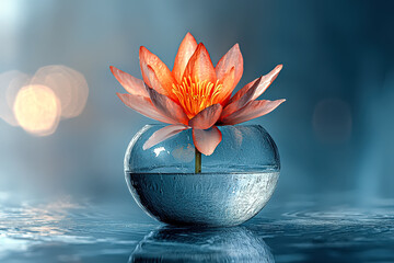 Beautiful flower in a glass vase is floating on the water. The vase is clear and the water is calm. Concept of tranquility and serenity