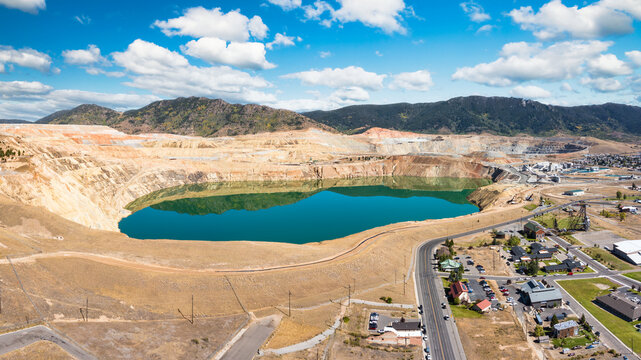 Aerial view of Berkeley Pit, in Butte, Montana. The Berkeley Pit is a former open-pit copper mine in Butte, Montana that is now a toxic lake.