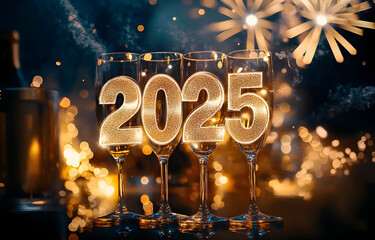 Golden 2025 with champagne flutes and fireworks in a celebratory new year scene.