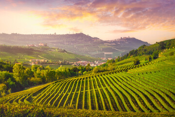 Obraz premium Langhe vineyards view, Barolo and La Morra villages in the background, Piedmont, Italy