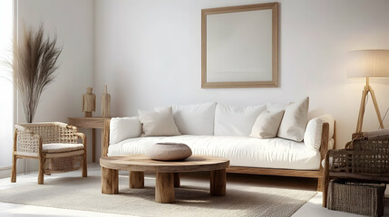 Fototapeta premium Modern white living room interior with a cozy couch, wooden furniture, and soft lighting, showcasing simple and elegant decor. high quality image