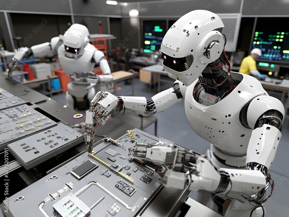 Poster robots assembling components in a modern industrial workspace.