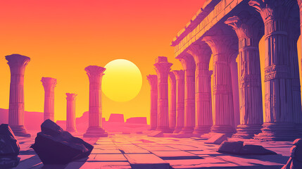 The image shows the ruins of an ancient temple with large columns. the sky is a gradient of orange and pink, with the sun setting behind the temple. Ancient Temple Ruins. Illustration