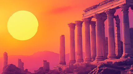 Obraz premium The image shows the ruins of an ancient temple with large columns. the sky is a gradient of orange and pink, with the sun setting behind the temple. Ancient Temple Ruins. Illustration