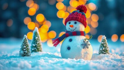 Joyful Snowman in a Snowy Winter Wonderland with Bokeh Lights . Christmas Card Template