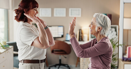 Physiotherapy, high five and healthcare with senior woman, smile and goal for helping or medical...