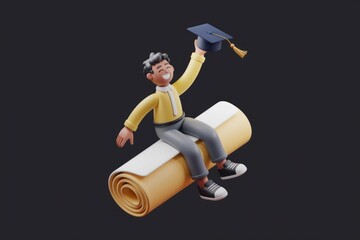 A happy graduate sits atop a rolled up diploma  celebrating their achievement.