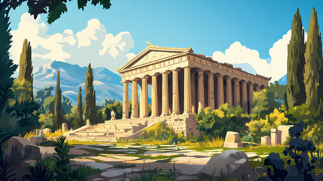 Scenic ancient greek hephaestus temple view. Ancient Temple Ruins. Illustration