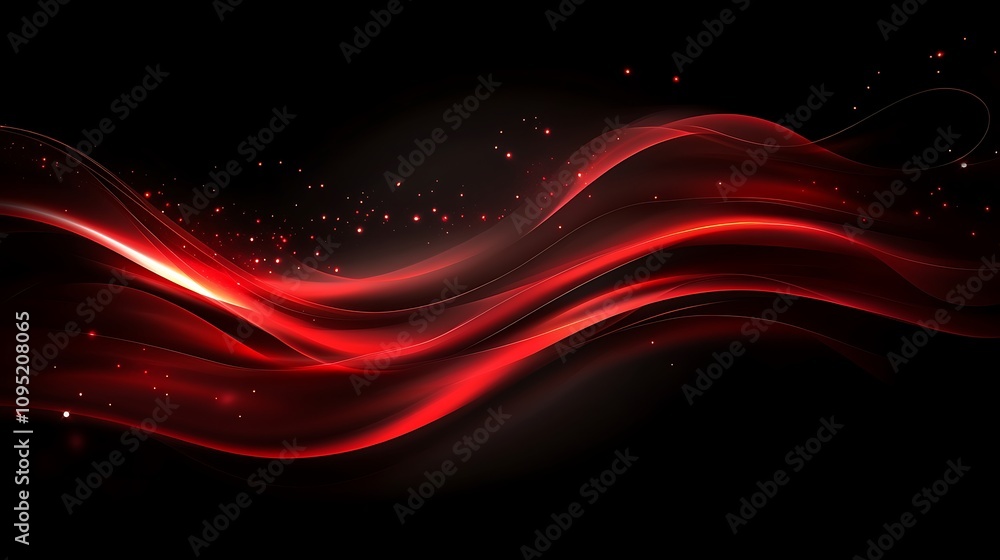 Poster modern and elegant design with an abstract dark background, featuring glowing red wavy lines, creati