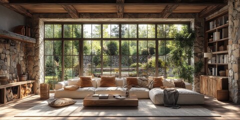 An elegantly rustic living room with large windows opening to a lush garden view, featuring cozy white sofas and wooden decor elements that harmonize the outdoor and indoor spaces