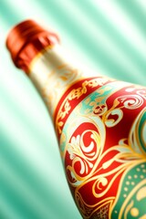 Vibrant aperitif bottle with intricate detailing on a mint-green background
