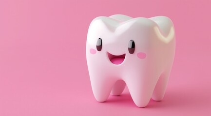 3D render of a cute, smiling white tooth on a pink background.