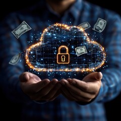 Cloud service storage concept.A person holds a glowing cloud symbol with a lock, surrounded by flying money, representing cloud security and financial technology.