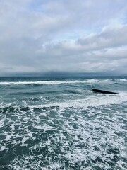 Cloudy seascape, seashore waves, natural sea horizon, cloudy sky