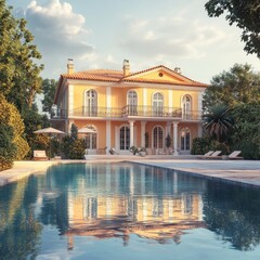 Fototapeta premium Luxury Mediterranean Villa with Swimming Pool at Sunset