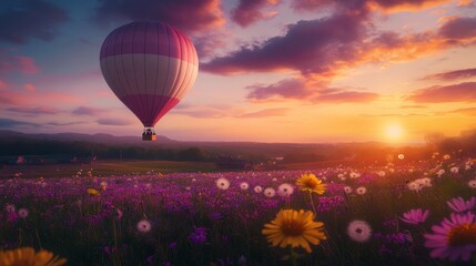 Fototapeta premium A colorful hot air balloon floats over a vibrant flower field at sunset, creating a peaceful and beautiful scene.