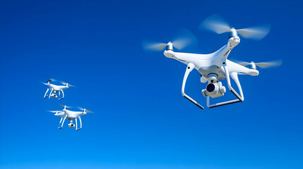 Formation of drones flying against a clear blue sky, demonstrating coordinated aerial photography