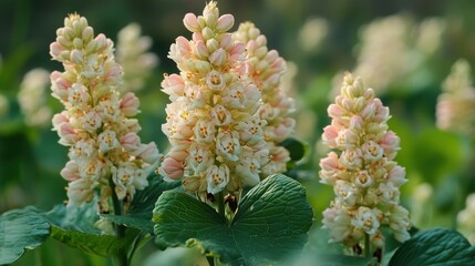 A serene image capturing the delicate beauty of white and pink cluster flowers blooming in their natural lush green surroundings showcasing nature's elegance