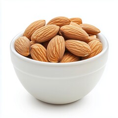 Almond in the bowl isolate on white background, healthy food.