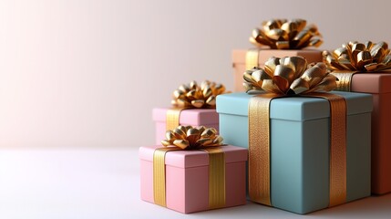 Colorful gift boxes with golden ribbons on white background, copy space.