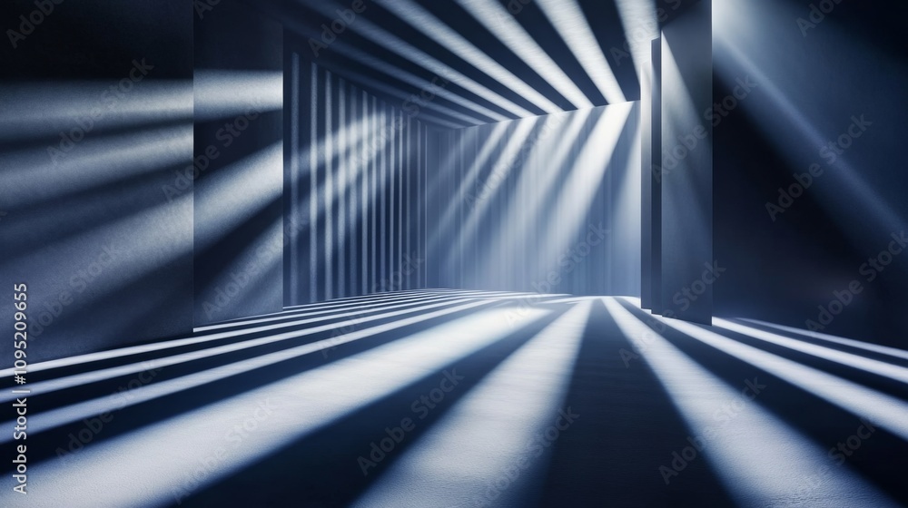 Poster geometric shapes in deep shadows with rays of light forming abstract patterns in a dimly lit space