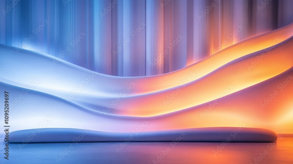 Poster abstract light waves flowing across a stage with a smooth gradient of colors in a modern artistic se
