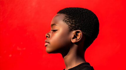Profile of a young boy standing confidently against a red background. high quality image