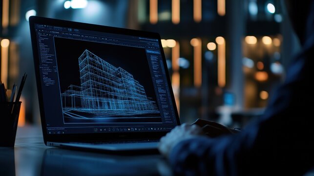 Nighttime Architectural 3D Modeling on Laptop Screen
