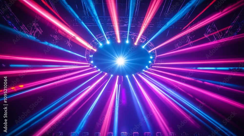 Poster dynamic display of converging circular light beams radiating from a central point in a spectacular v