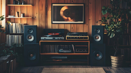 Retro vinyl record setup with speakers, creating a nostalgic and vintage music room setting.8k image