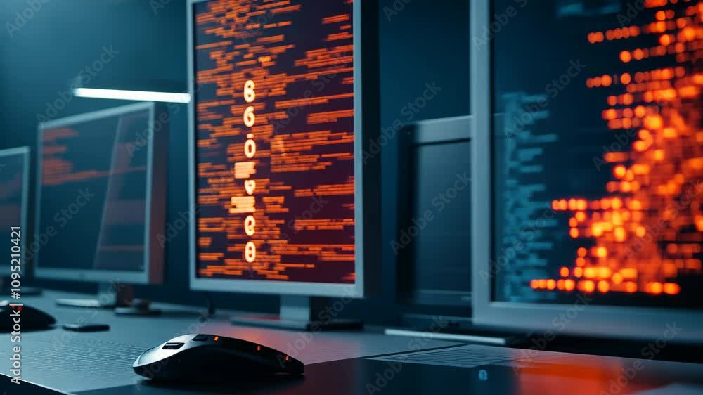 Poster Futuristic digital interface displaying complex data streams and vibrant coding patterns in a high-tech environment for advanced technological projects and innovations