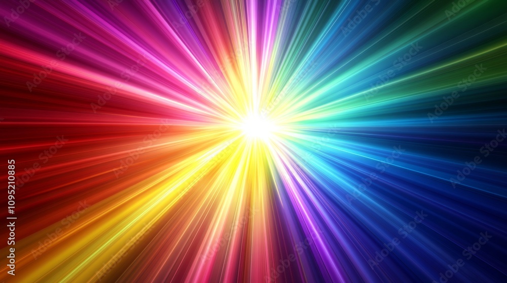 Poster dazzling light rays fanning out from a central source in a spectrum of colors creating a vibrant and