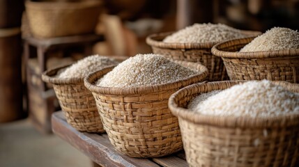 Obraz premium Asian Rice Harvest Woven Baskets Filled with Grains