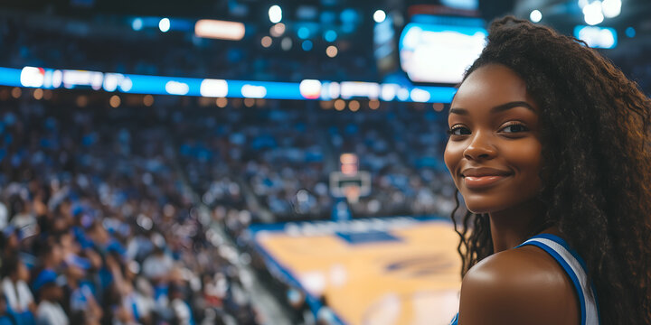 cute beautiful black woman 20 - 25s wearing white & blue sport outfit sitting in the crowded stands; basketball court in the background; copy space