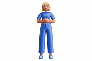 Fototapeta premium A 3D cartoon woman with blonde hair wearing blue clothes stands with hands clasped.