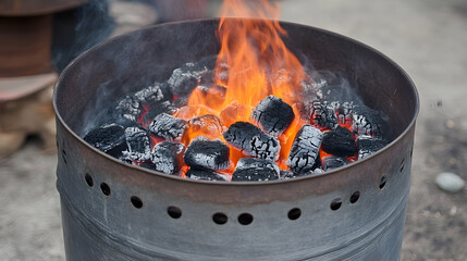 Smoking coal fire in a drum with ventilation holes. high quality image