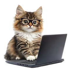 cat wearing glasses using laptop isolated transparent background
