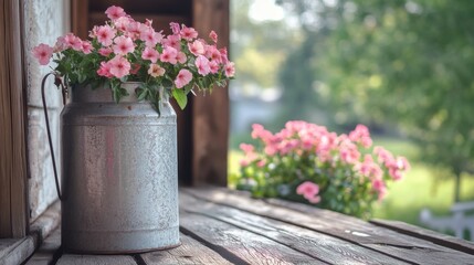 Rustic Milk Can Pink Flowers Porch Summer Garden Decor