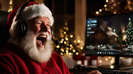 Loud Laugh of an Old Man: Santa Claus in a Headset in a Good Mood. 