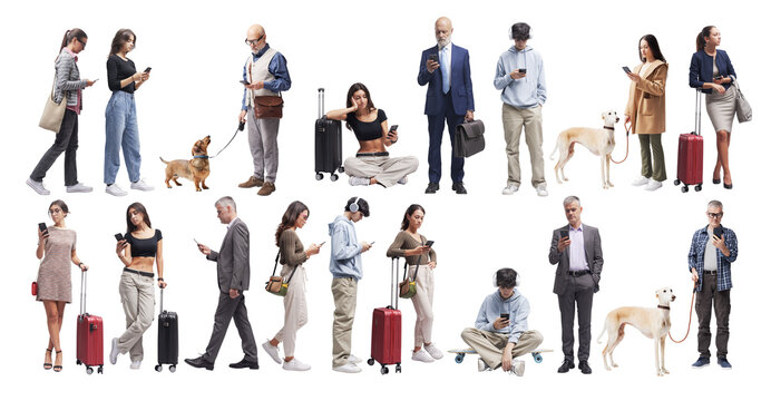Portraits of different people using a smartphone
