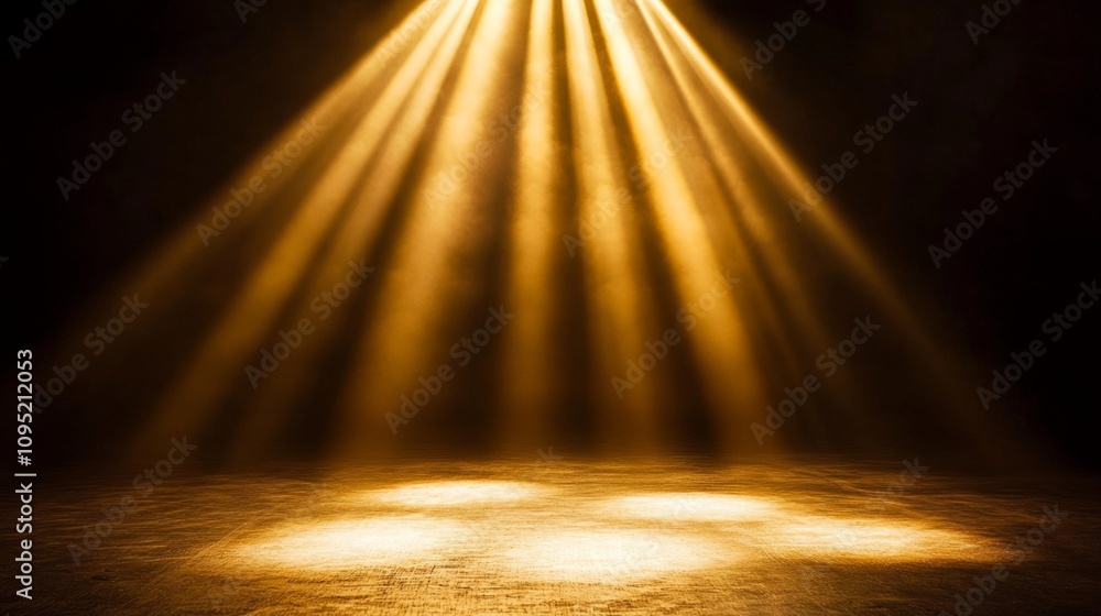 Poster golden spotlight illuminating a dark stage with soft beams of light, creating a dramatic and invitin