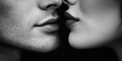 Obraz premium A captivating black and white close-up shot depicting an intimate and tender moment between two individuals with a focus on their lips about to share a kiss