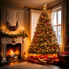 Un &aacute;rbol de navidad con regalos delante de una chimenea con fuego y velas. celebraci&oacute;n de la navidad en una hogar c&aacute;lido mientras nueva en la calle. 