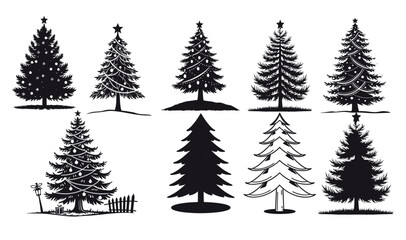 Obraz premium Christmas Tree set Icons, Silhouette Christmas tree silhouette vector illustration on white background.