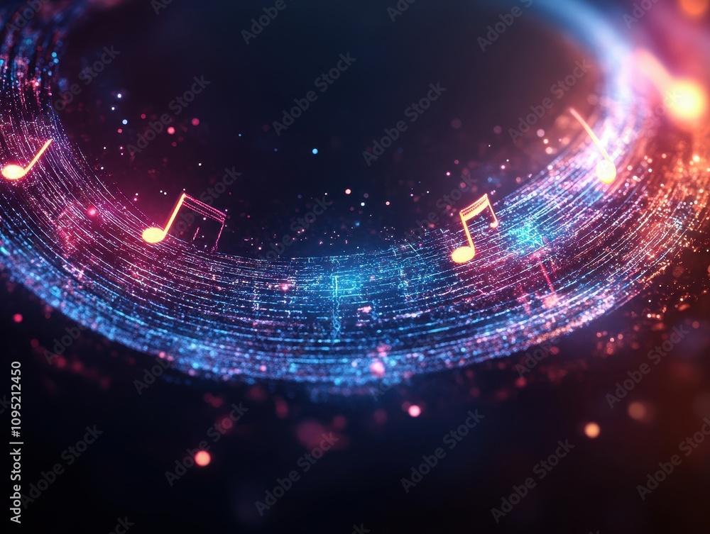 Poster vibrant digital music notes in a glowing circular pattern against a dark background, symbolizing dyn