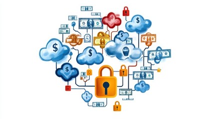 Cloud service storage concept.A colorful illustration depicting cloud computing, financial transactions, and cybersecurity with locks and dollar symbols representing secure online banking.